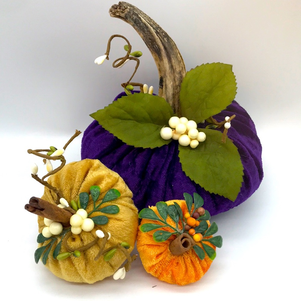 Trio of 3 Handmade Velvet, poly filled Pumpkins - Picture 1 of 10